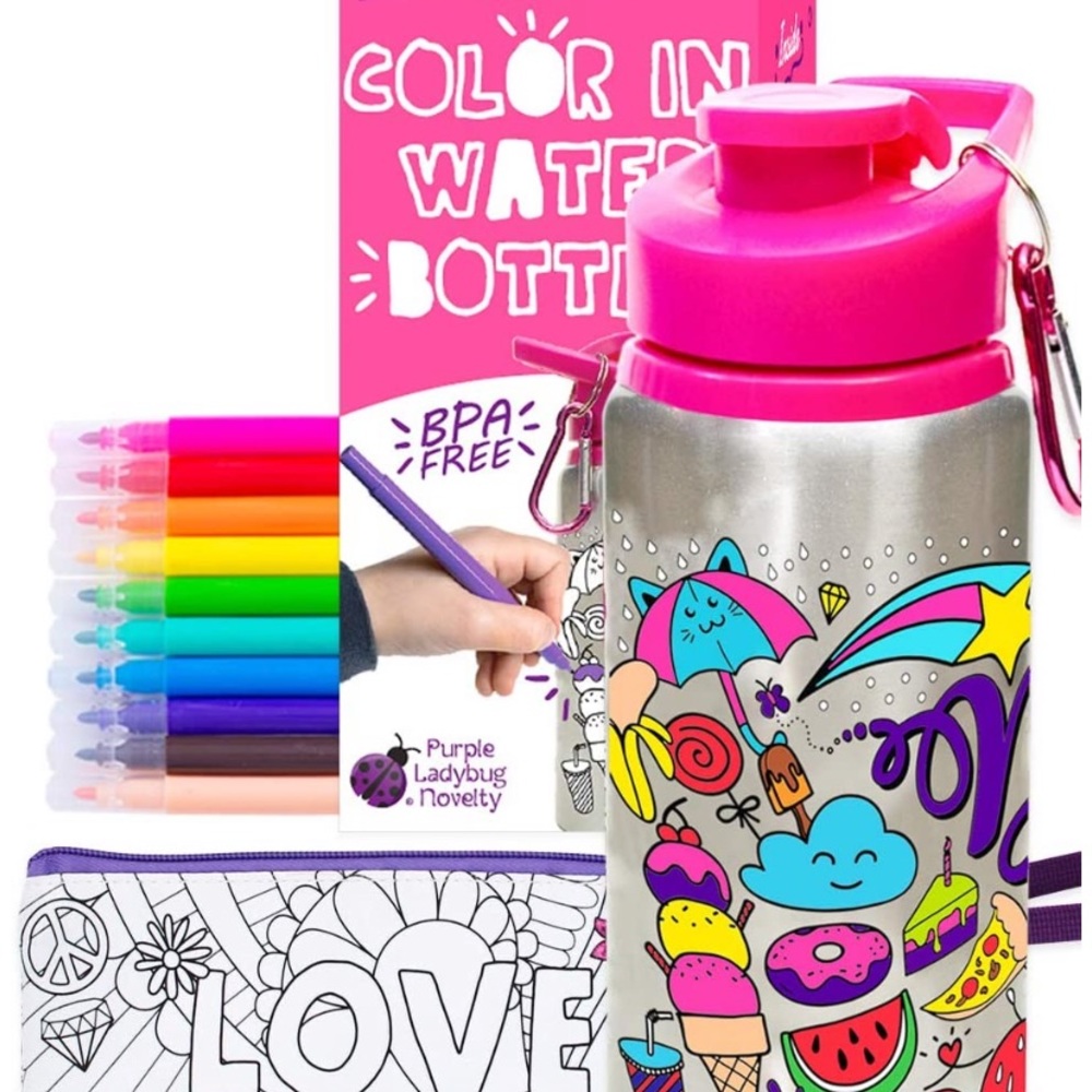 NIB Purple Ladybug Color Your Own Water Bottle